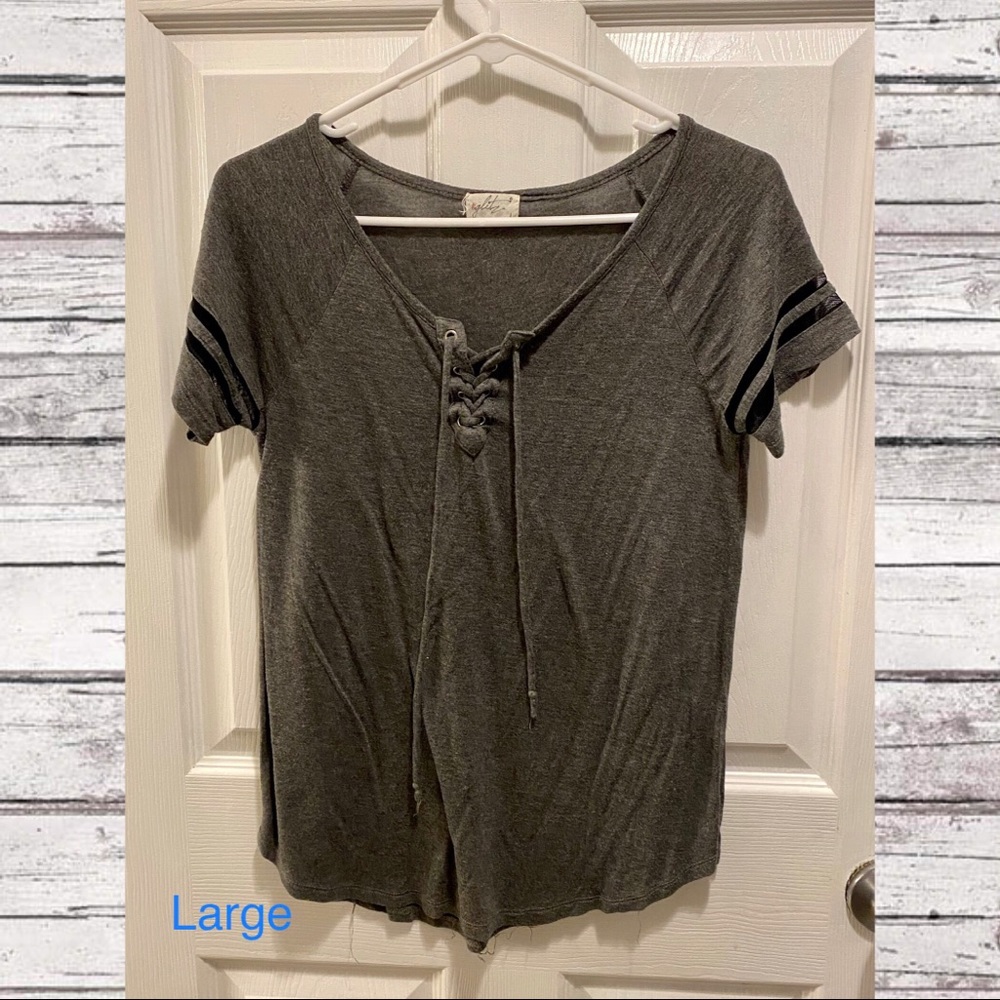 Gray Varsity Striped Tee with Chest Lacing